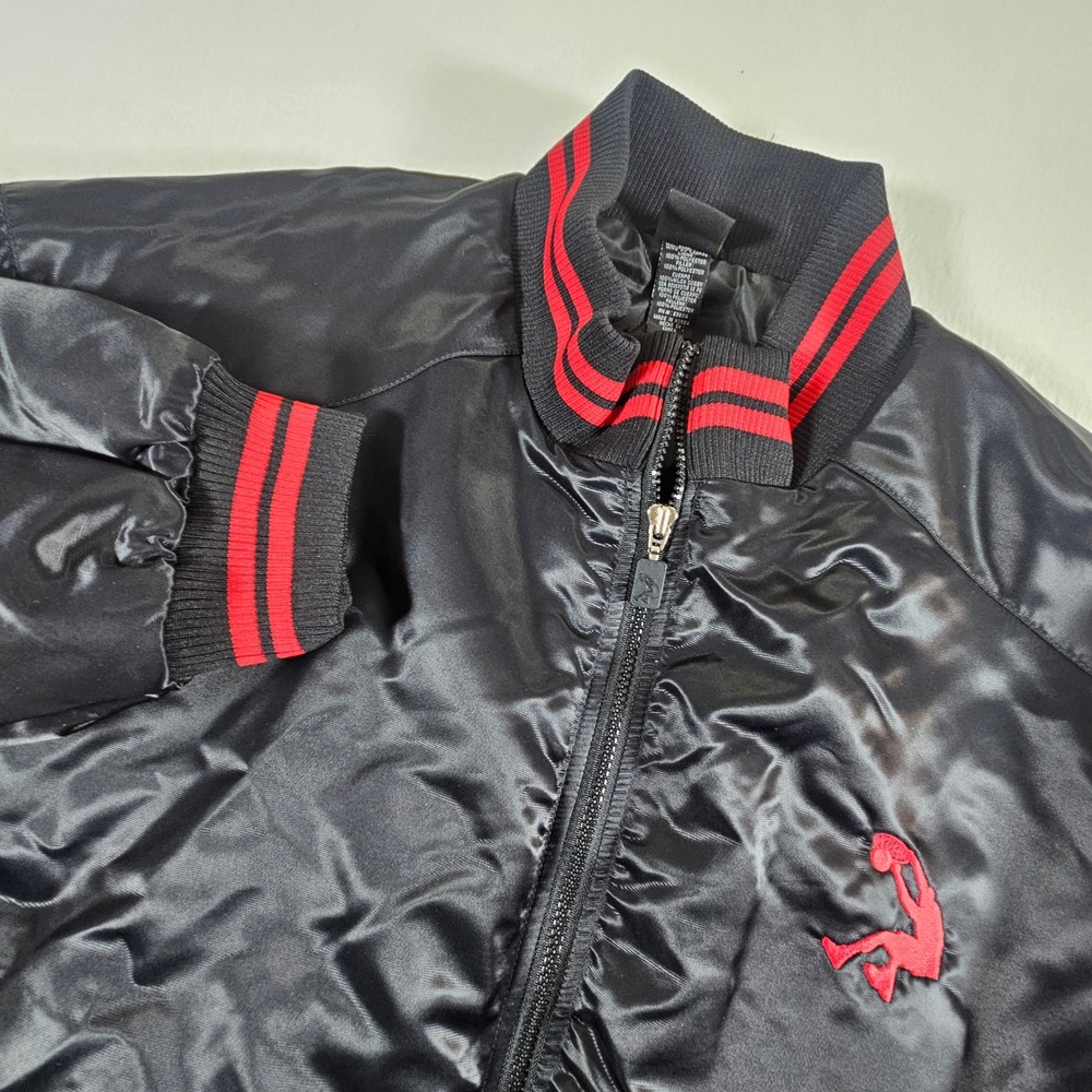 Shaq Bomber Jacket Mens XL Black Red Satin Quilted Varsity Full Zip Logo